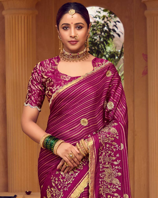 Vishal Prints Wine Berry Designer Chiffon-Viscose Saree With Embroidery-Diamond Work And Cut Work Border