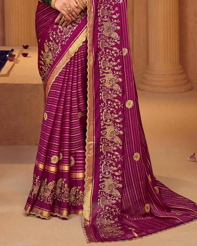 Vishal Prints Wine Berry Designer Chiffon-Viscose Saree With Embroidery-Diamond Work And Cut Work Border