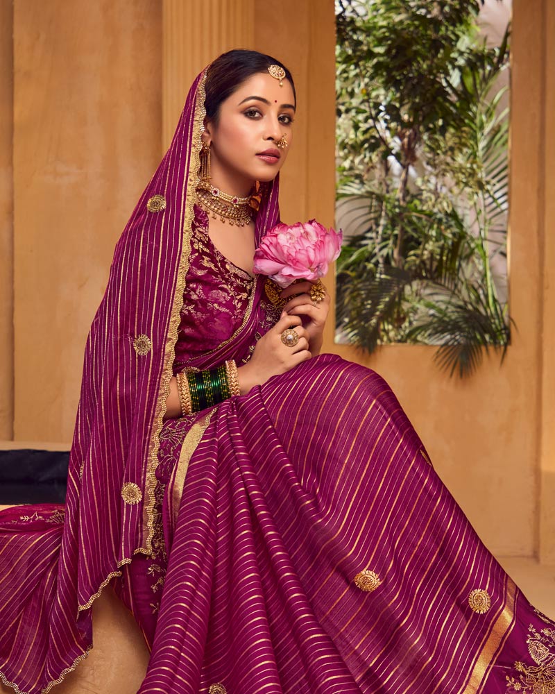 Vishal Prints Wine Berry Designer Chiffon-Viscose Saree With Embroidery-Diamond Work And Cut Work Border
