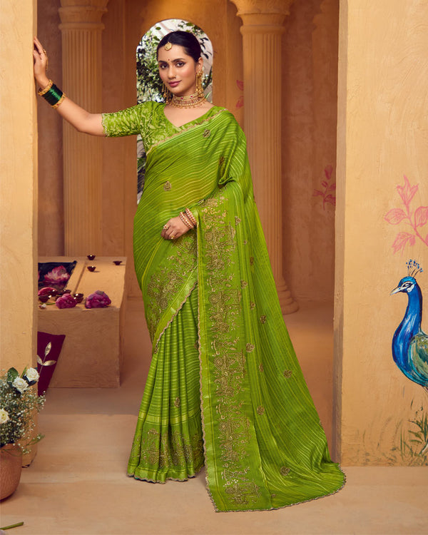 Vishal Prints Olive Green Designer Chiffon-Viscose Saree With Embroidery-Diamond Work And Cut Work Border