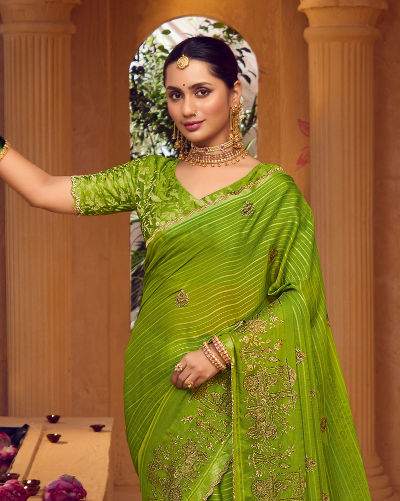 Vishal Prints Olive Green Designer Chiffon-Viscose Saree With Embroidery-Diamond Work And Cut Work Border