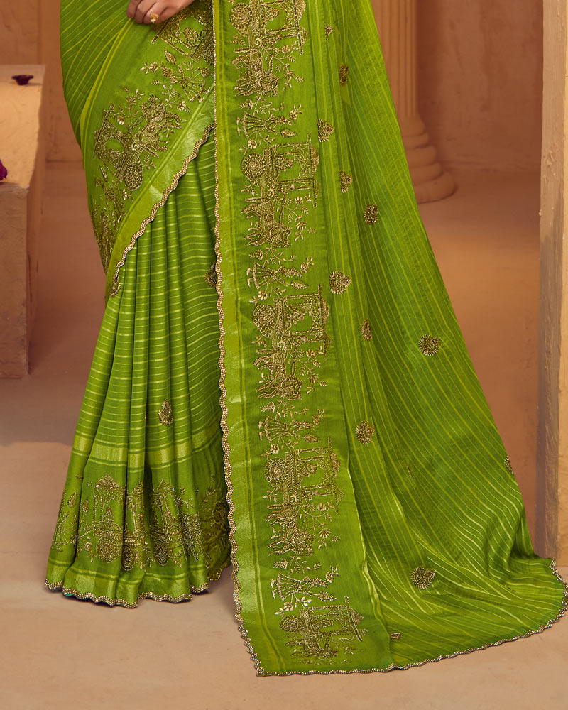 Vishal Prints Olive Green Designer Chiffon-Viscose Saree With Embroidery-Diamond Work And Cut Work Border
