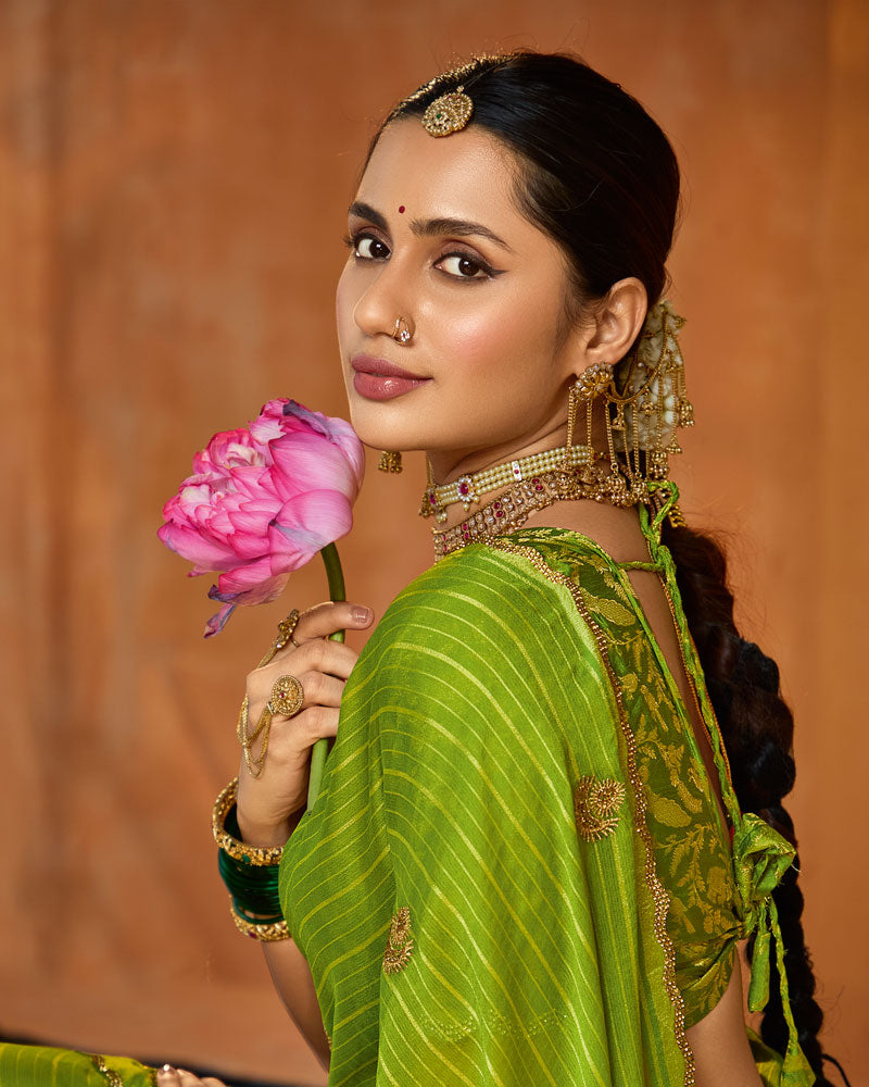 Vishal Prints Olive Green Designer Chiffon-Viscose Saree With Embroidery-Diamond Work And Cut Work Border