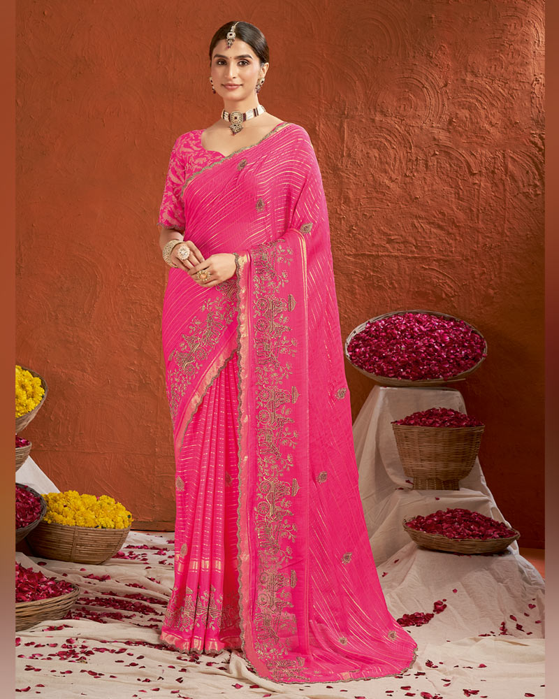 Vishal Prints Hot Pink Designer Chiffon-Viscose Saree With Embroidery-Diamond Work And Cut Work Border