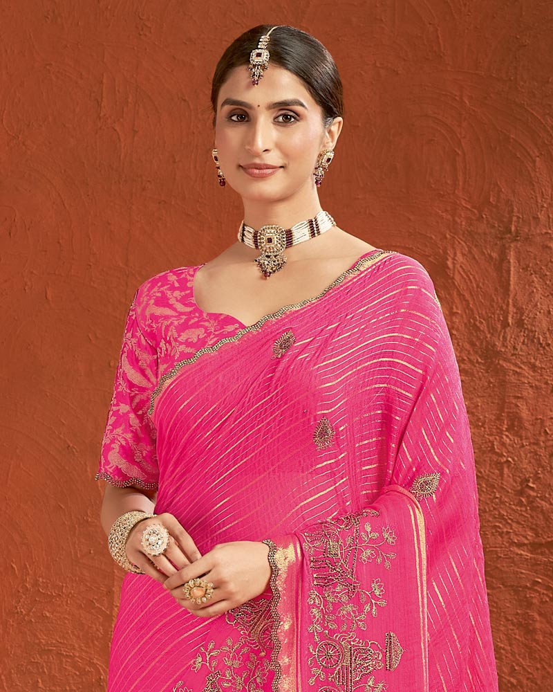 Vishal Prints Hot Pink Designer Chiffon-Viscose Saree With Embroidery-Diamond Work And Cut Work Border
