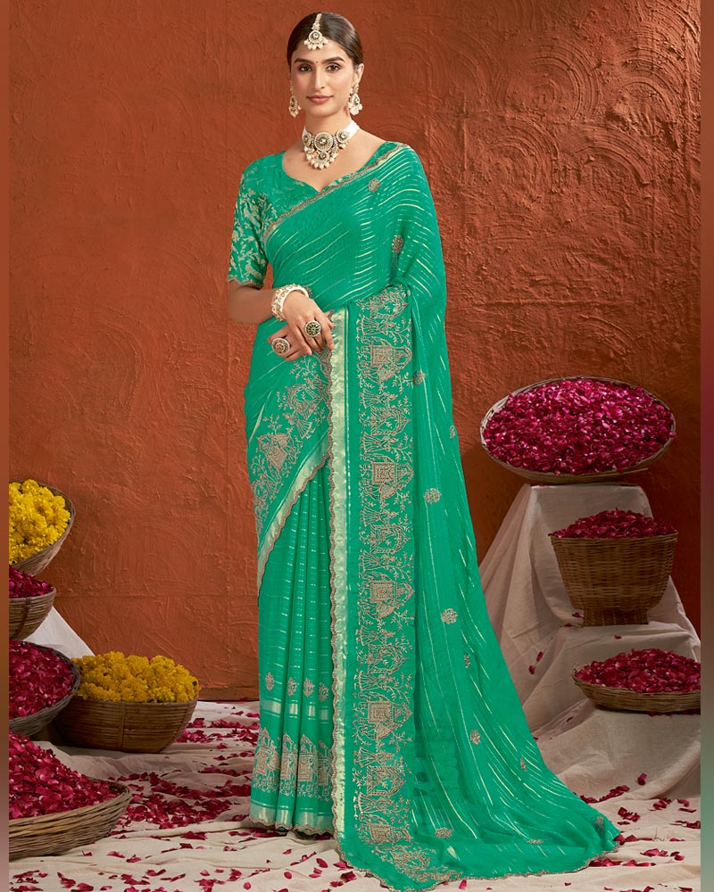 Vishal Prints Jade Green Designer Chiffon-Viscose Saree With Embroidery-Diamond Work And Cut Work Border