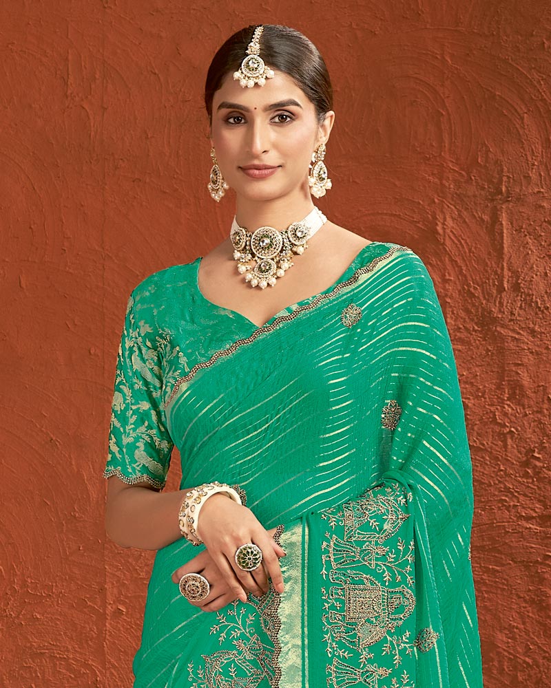 Vishal Prints Jade Green Designer Chiffon-Viscose Saree With Embroidery-Diamond Work And Cut Work Border