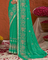 Vishal Prints Jade Green Designer Chiffon-Viscose Saree With Embroidery-Diamond Work And Cut Work Border
