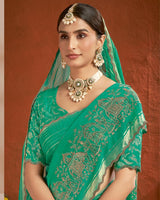 Vishal Prints Jade Green Designer Chiffon-Viscose Saree With Embroidery-Diamond Work And Cut Work Border