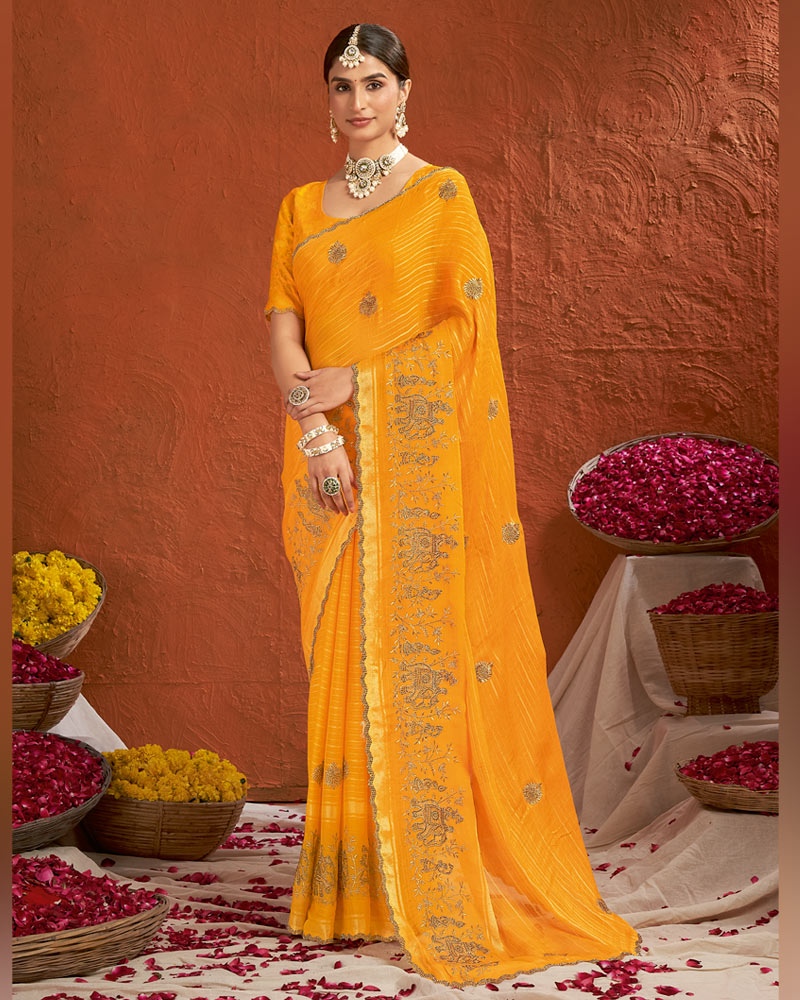 Vishal Prints Carrot Orange Designer Chiffon-Viscose Saree With Embroidery-Diamond Work And Cut Work Border