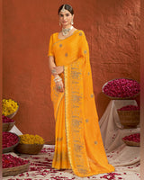 Vishal Prints Carrot Orange Designer Chiffon-Viscose Saree With Embroidery-Diamond Work And Cut Work Border
