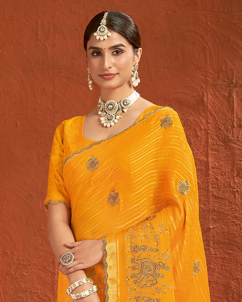 Vishal Prints Carrot Orange Designer Chiffon-Viscose Saree With Embroidery-Diamond Work And Cut Work Border