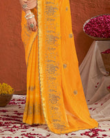 Vishal Prints Carrot Orange Designer Chiffon-Viscose Saree With Embroidery-Diamond Work And Cut Work Border