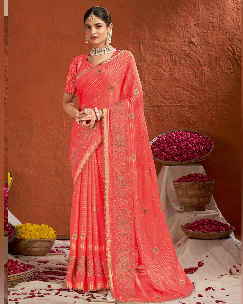 Vishal Prints Dark Coral Designer Chiffon-Viscose Saree With Embroidery-Diamond Work And Cut Work Border