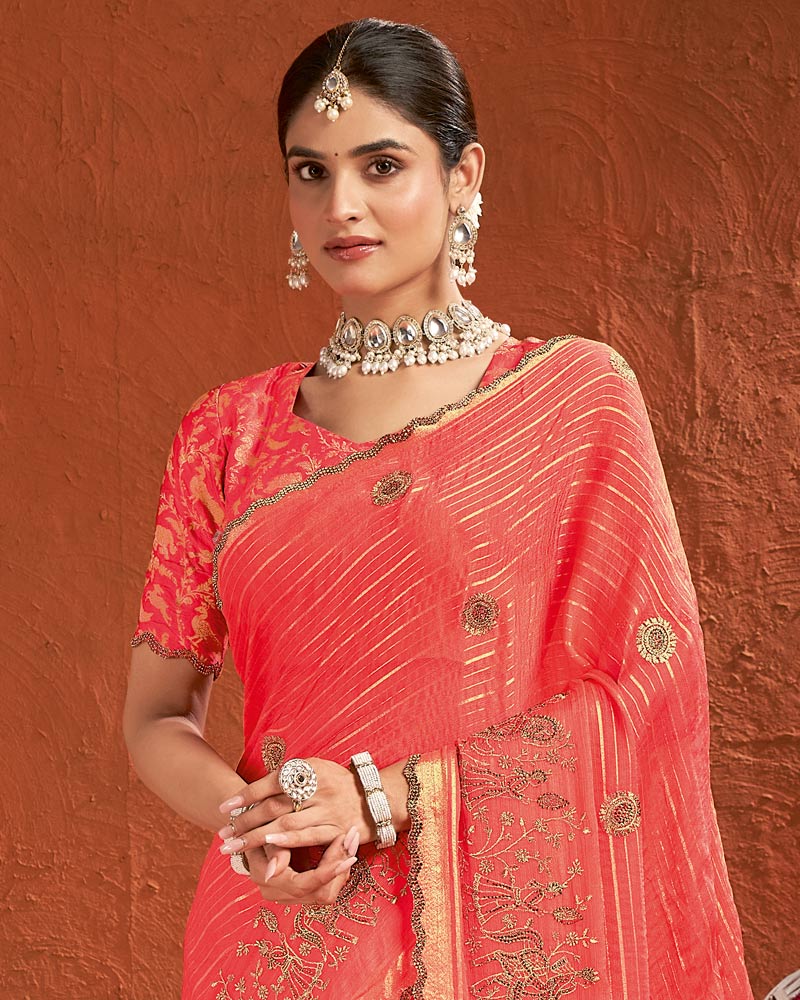 Vishal Prints Dark Coral Designer Chiffon-Viscose Saree With Embroidery-Diamond Work And Cut Work Border