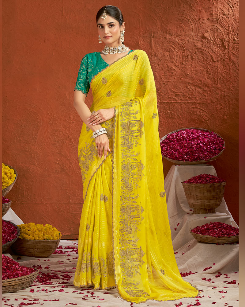 Vishal Prints Lemon Yellow Designer Chiffon-Viscose Saree With Embroidery-Diamond Work And Cut Work Border
