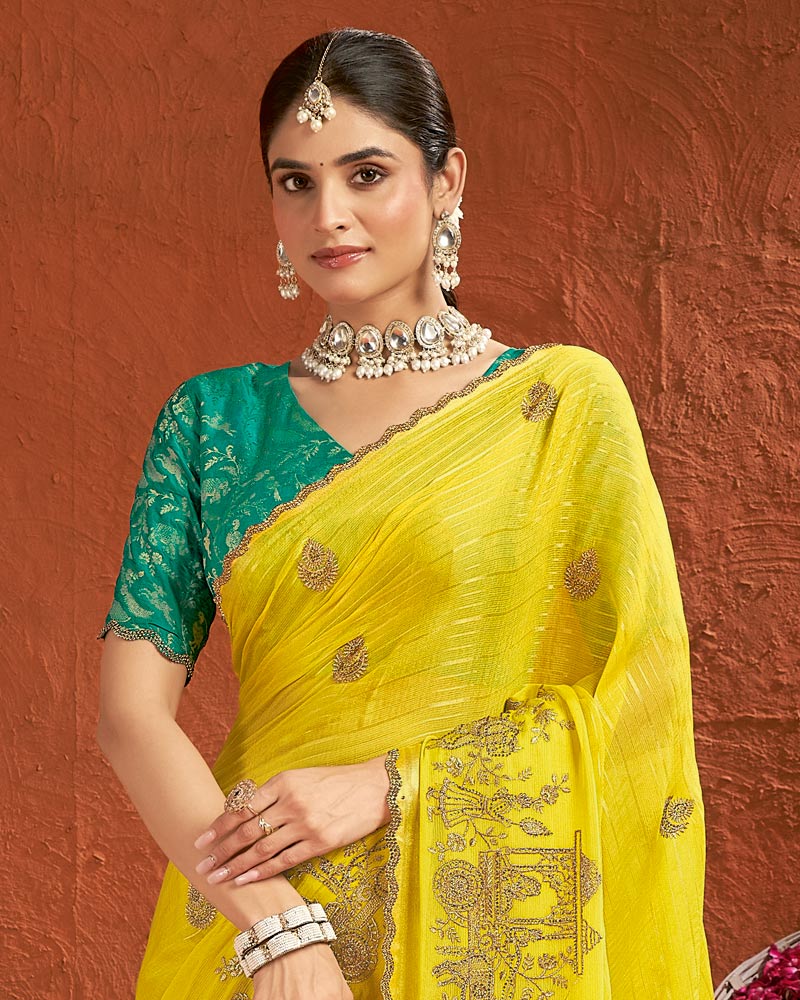 Vishal Prints Lemon Yellow Designer Chiffon-Viscose Saree With Embroidery-Diamond Work And Cut Work Border