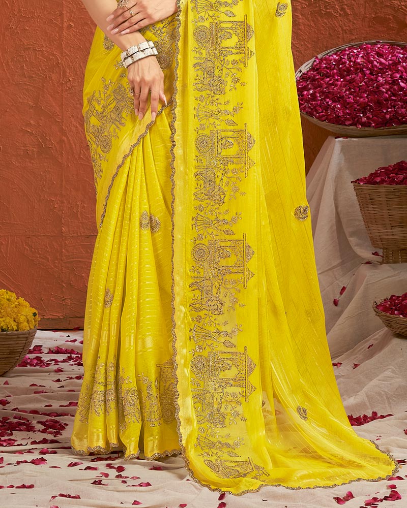 Vishal Prints Lemon Yellow Designer Chiffon-Viscose Saree With Embroidery-Diamond Work And Cut Work Border
