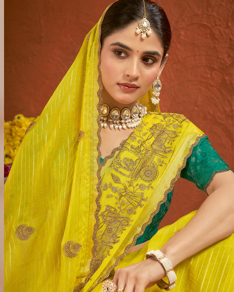 Vishal Prints Lemon Yellow Designer Chiffon-Viscose Saree With Embroidery-Diamond Work And Cut Work Border