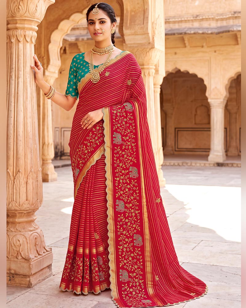 Vishal Prints Wine Red Designer Chiffon-Viscose Saree With Embroidery-Stone Work And Cut Work Border