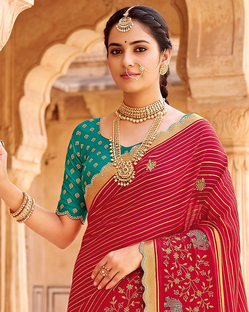 Vishal Prints Wine Red Designer Chiffon-Viscose Saree With Embroidery-Stone Work And Cut Work Border