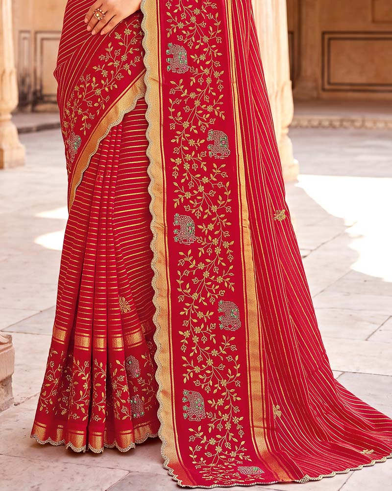 Vishal Prints Wine Red Designer Chiffon-Viscose Saree With Embroidery-Stone Work And Cut Work Border