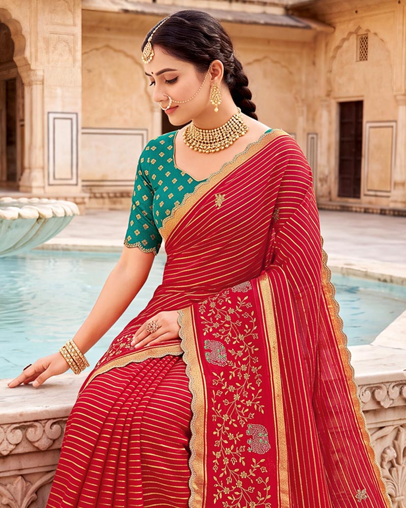 Vishal Prints Wine Red Designer Chiffon-Viscose Saree With Embroidery-Stone Work And Cut Work Border