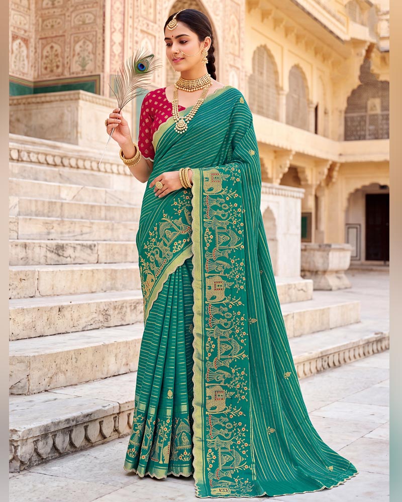 Vishal Prints Pine Green Designer Chiffon-Viscose Saree With Embroidery-Stone Work And Cut Work Border