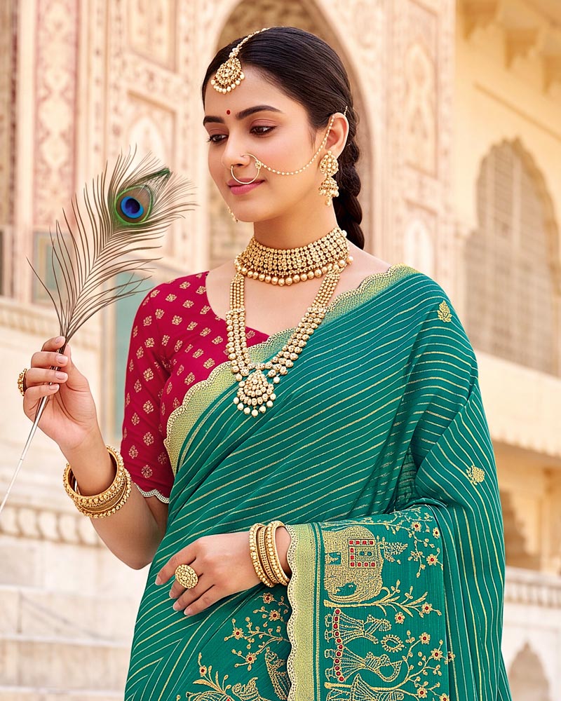 Vishal Prints Pine Green Designer Chiffon-Viscose Saree With Embroidery-Stone Work And Cut Work Border
