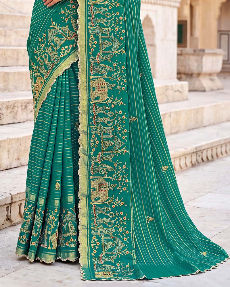 Vishal Prints Pine Green Designer Chiffon-Viscose Saree With Embroidery-Stone Work And Cut Work Border