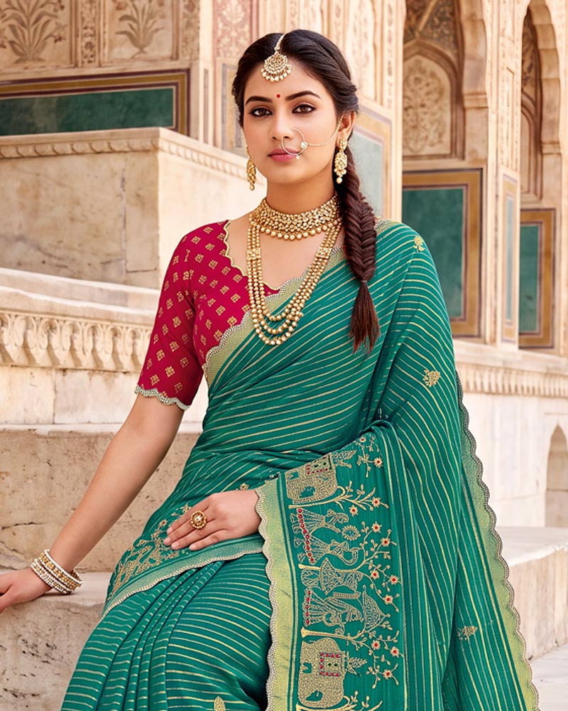 Vishal Prints Pine Green Designer Chiffon-Viscose Saree With Embroidery-Stone Work And Cut Work Border