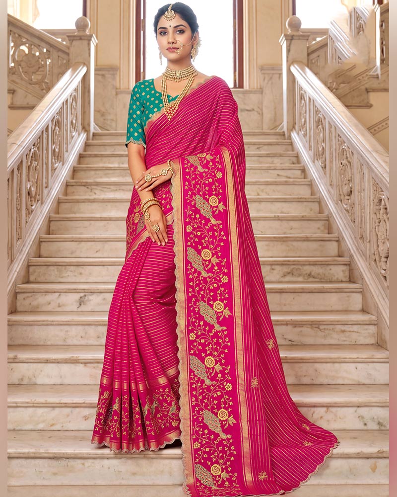 Vishal Prints Dark Hot Pink Designer Chiffon-Viscose Saree With Embroidery-Stone Work And Cut Work Border