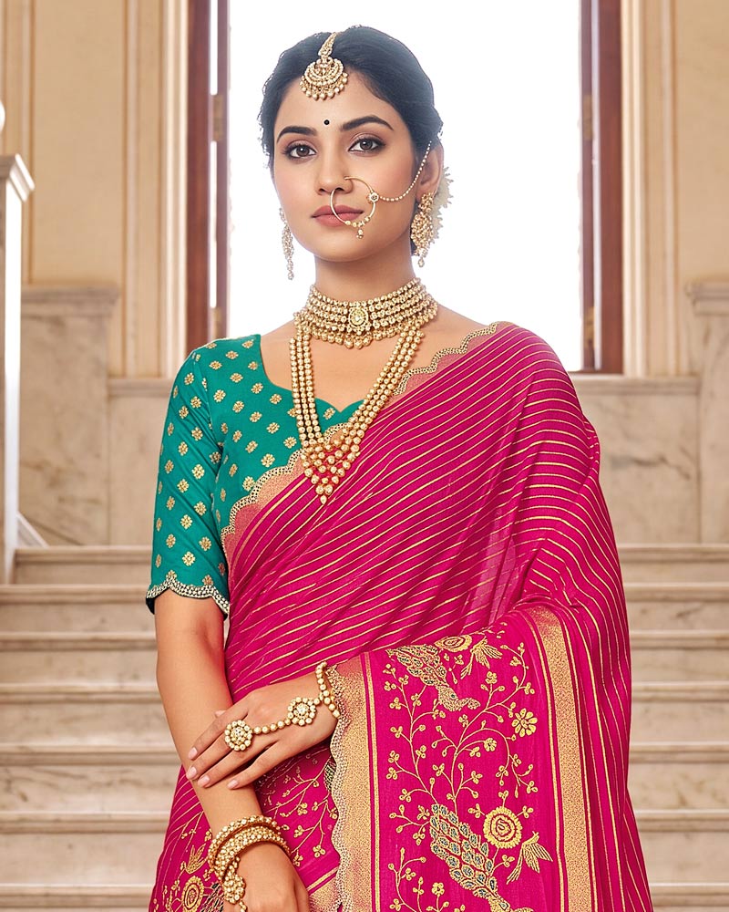 Vishal Prints Dark Hot Pink Designer Chiffon-Viscose Saree With Embroidery-Stone Work And Cut Work Border