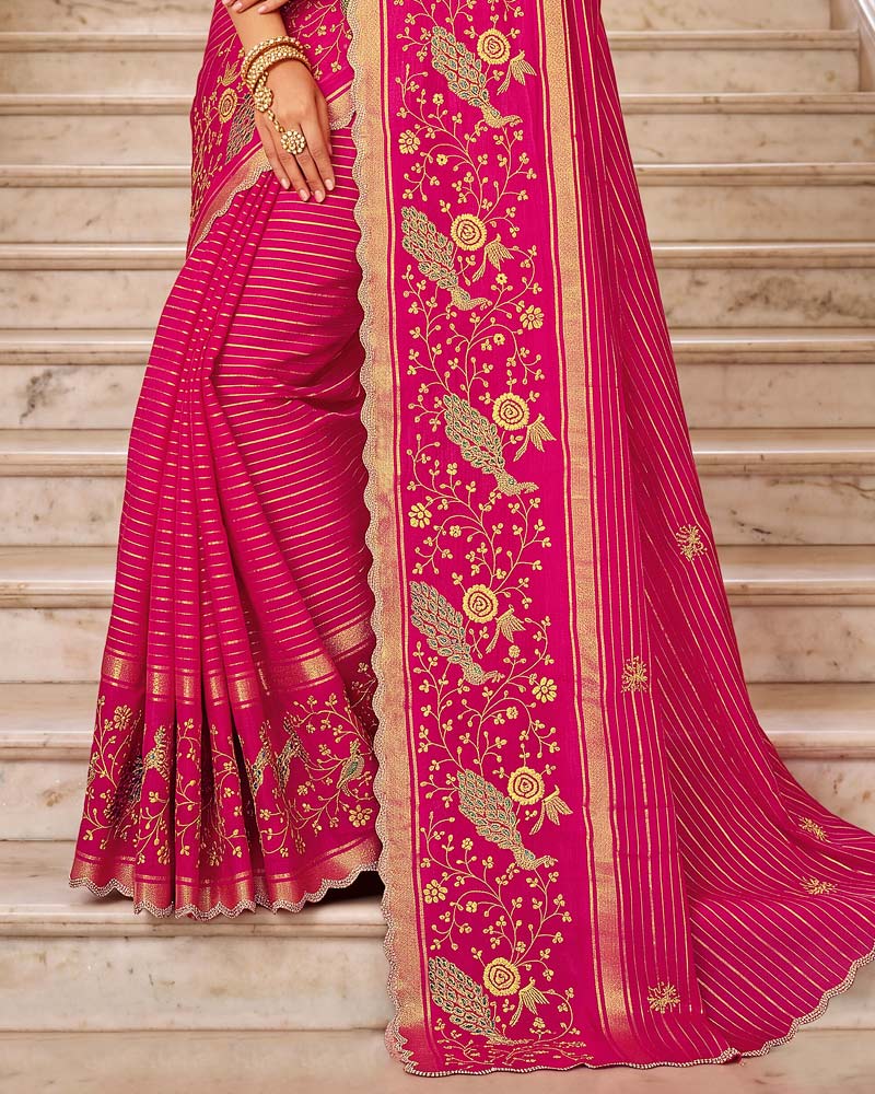 Vishal Prints Dark Hot Pink Designer Chiffon-Viscose Saree With Embroidery-Stone Work And Cut Work Border