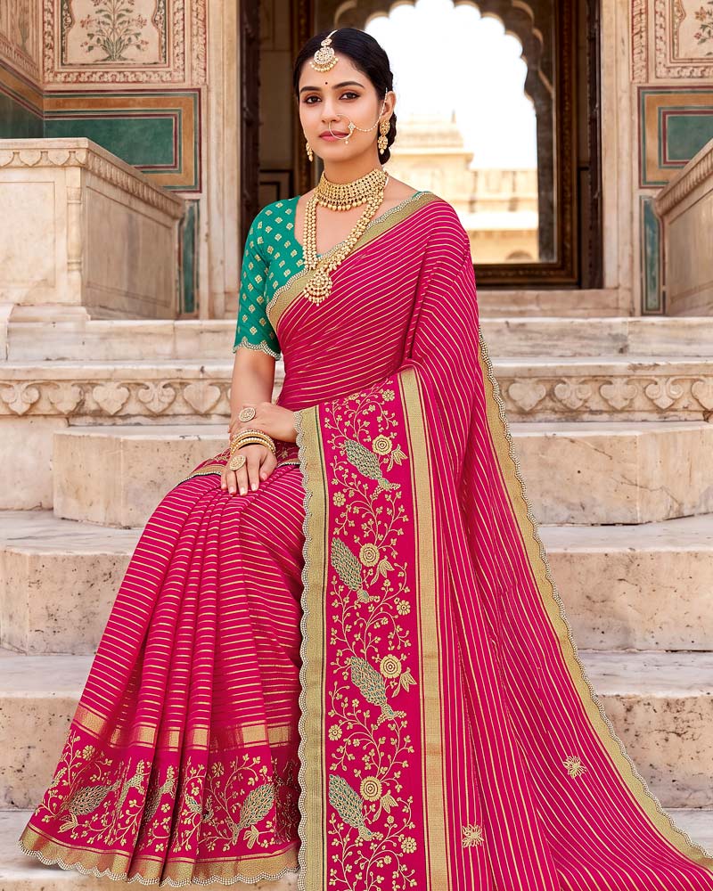 Vishal Prints Dark Hot Pink Designer Chiffon-Viscose Saree With Embroidery-Stone Work And Cut Work Border