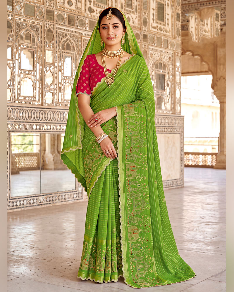 Vishal Prints Mehandi Green Designer Chiffon-Viscose Saree With Embroidery-Stone Work And Cut Work Border