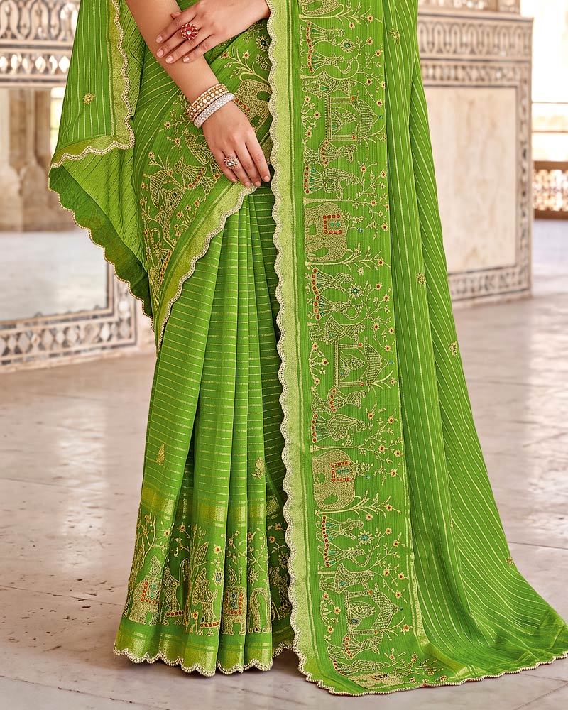Vishal Prints Mehandi Green Designer Chiffon-Viscose Saree With Embroidery-Stone Work And Cut Work Border