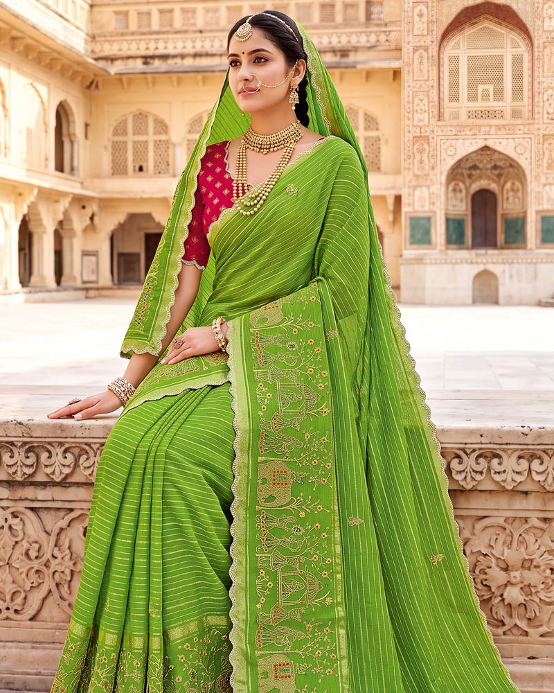 Vishal Prints Mehandi Green Designer Chiffon-Viscose Saree With Embroidery-Stone Work And Cut Work Border
