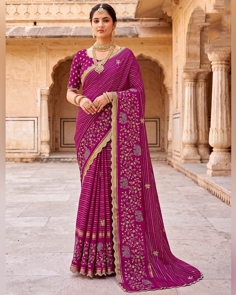 Vishal Prints Dark Fuchsia Designer Chiffon-Viscose Saree With Embroidery-Stone Work And Cut Work Border