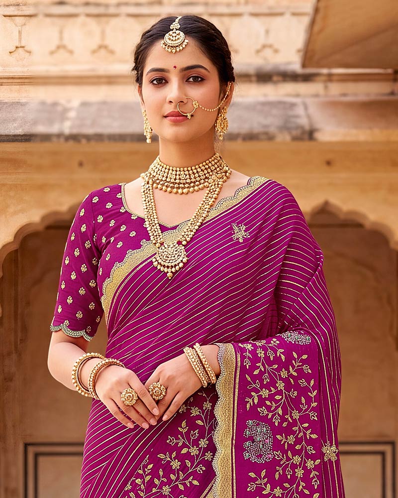 Vishal Prints Dark Fuchsia Designer Chiffon-Viscose Saree With Embroidery-Stone Work And Cut Work Border