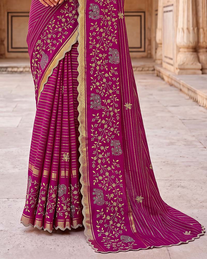 Vishal Prints Dark Fuchsia Designer Chiffon-Viscose Saree With Embroidery-Stone Work And Cut Work Border