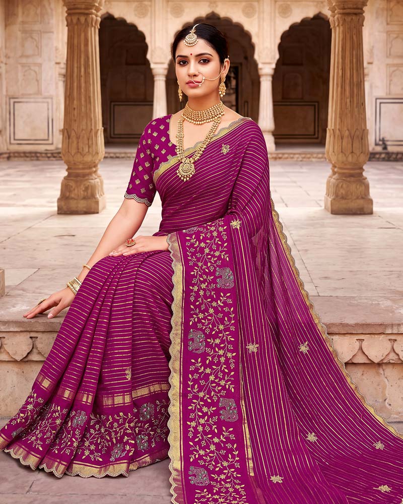 Vishal Prints Dark Fuchsia Designer Chiffon-Viscose Saree With Embroidery-Stone Work And Cut Work Border