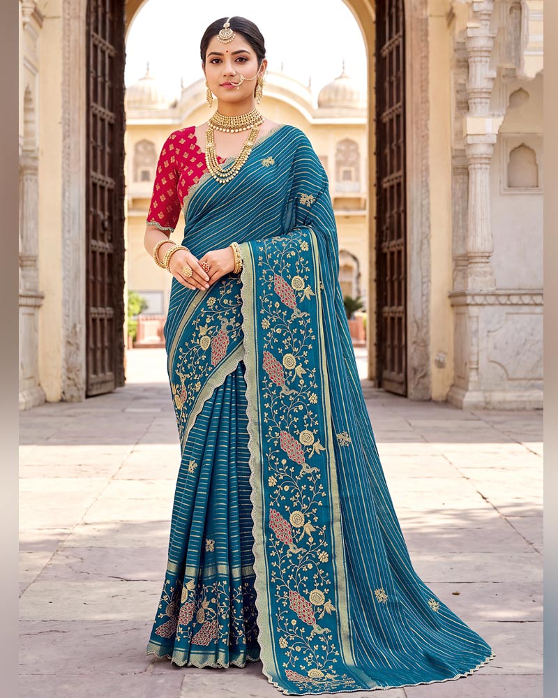Vishal Prints Peacock Blue Designer Chiffon-Viscose Saree With Embroidery-Stone Work And Cut Work Border