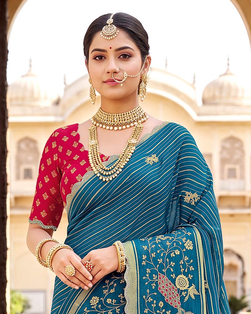 Vishal Prints Peacock Blue Designer Chiffon-Viscose Saree With Embroidery-Stone Work And Cut Work Border