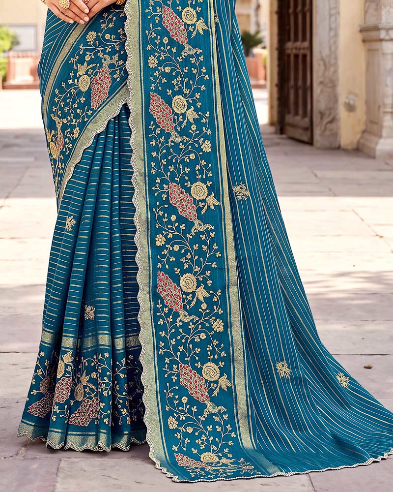 Vishal Prints Peacock Blue Designer Chiffon-Viscose Saree With Embroidery-Stone Work And Cut Work Border