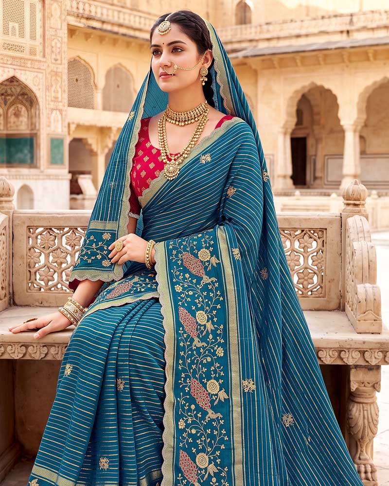 Vishal Prints Peacock Blue Designer Chiffon-Viscose Saree With Embroidery-Stone Work And Cut Work Border