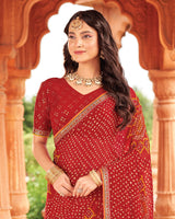 Vishal Prints Cornell Red Printed Georgette Traditional Print Saree With Diamond Work And Fancy Border