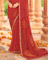 Vishal Prints Cornell Red Printed Georgette Traditional Print Saree With Diamond Work And Fancy Border