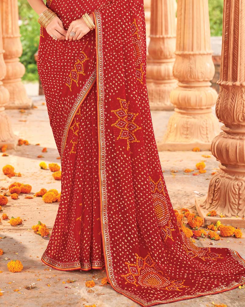 Vishal Prints Cornell Red Printed Georgette Traditional Print Saree With Diamond Work And Fancy Border