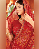 Vishal Prints Cornell Red Printed Georgette Traditional Print Saree With Diamond Work And Fancy Border